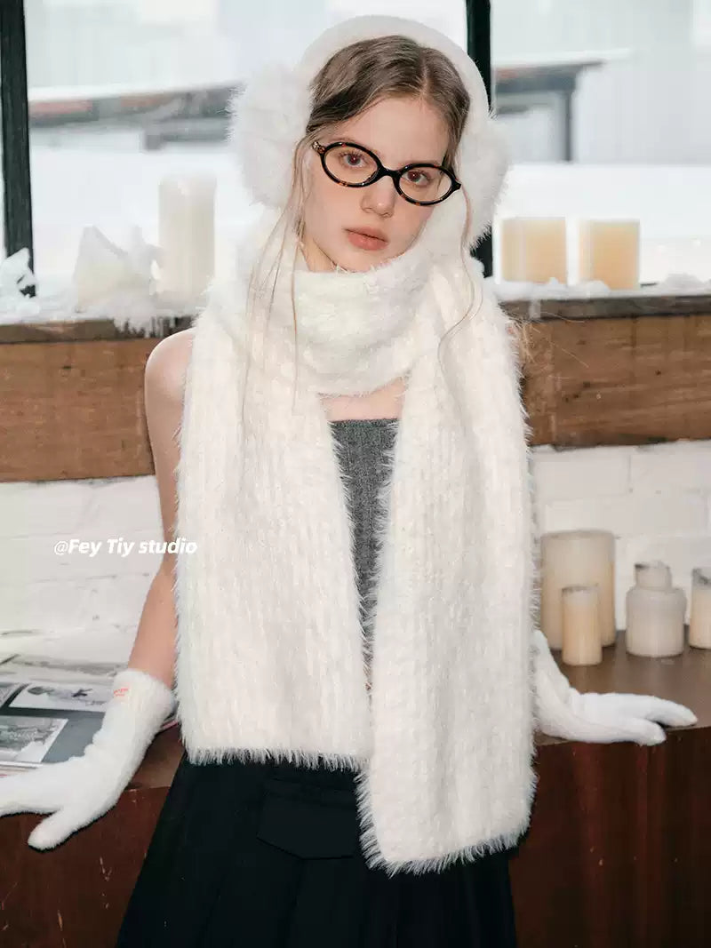 FEITIY Set Snowman Style Long Fur Scarf, Earmuffs, Gloves Gift for Women, Autumn/Winter