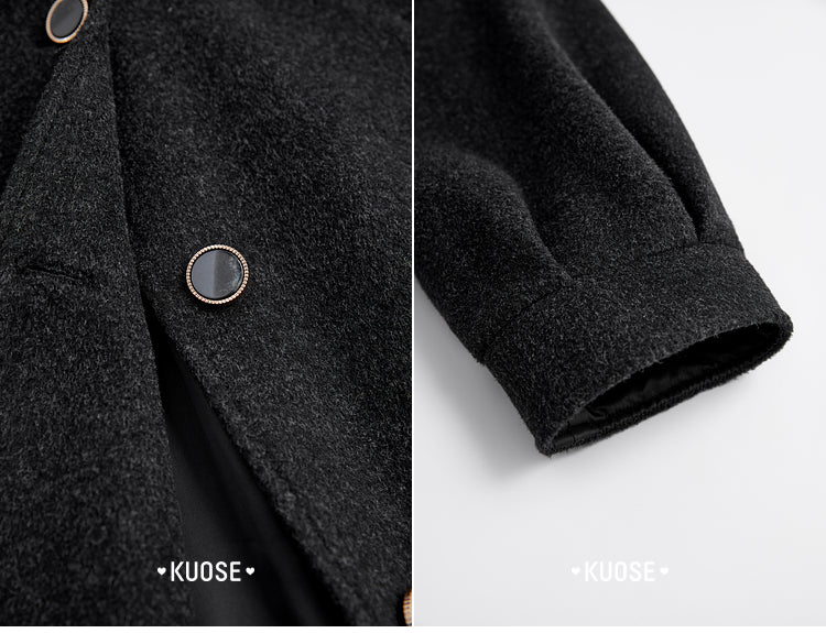 KOUSE Women's 2025 New Autumn Winter Classic Medium-Long Woolen Coat Black and Gray