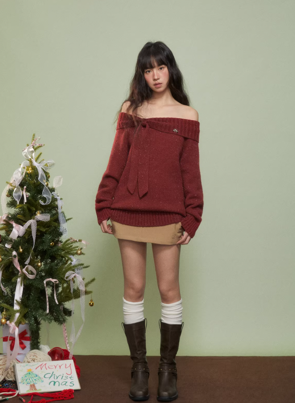 WEEKENDHUB Red Off-Shoulder Sweater for Women, New Autumn/Winter 2024 Style, Comfortable, Premium Sweater for Christmas.