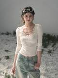 SHAOYEYAN Lace long-sleeved V-neck t-shirt with a loose fit