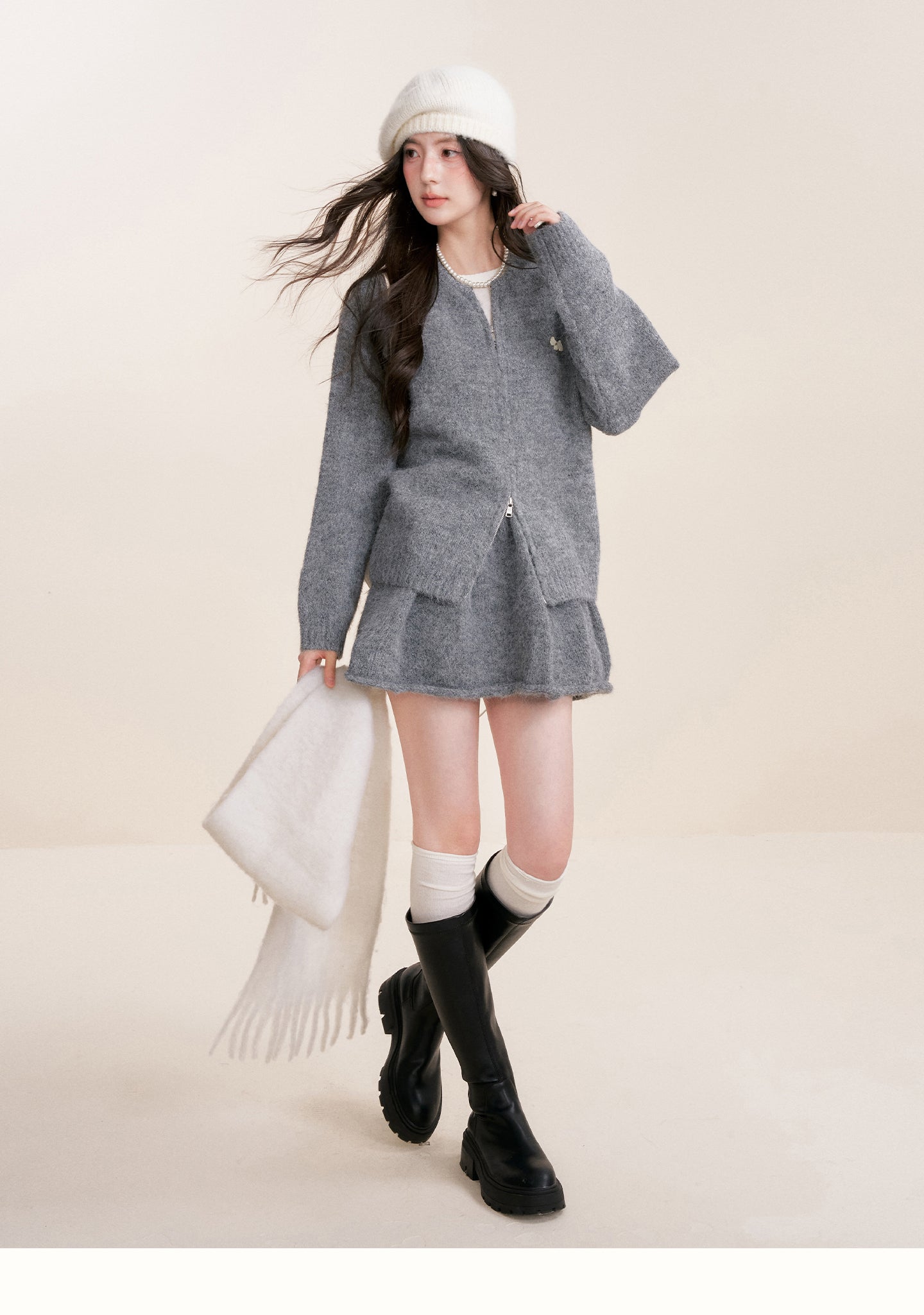 KROCHE Winter Warm A-line Cardigan Sweater Set Gray Double Zipper for Puppy 25aw