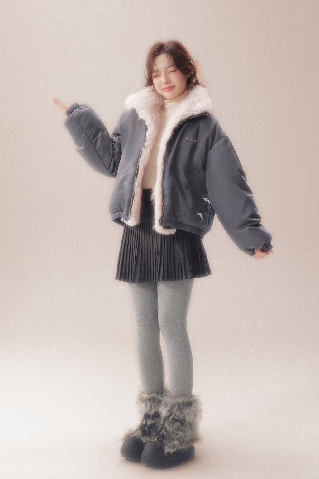 AOORAA 【Winter New Arrival】Original Design Patchwork Fleece Jacket "Cherry Blossom Snow"