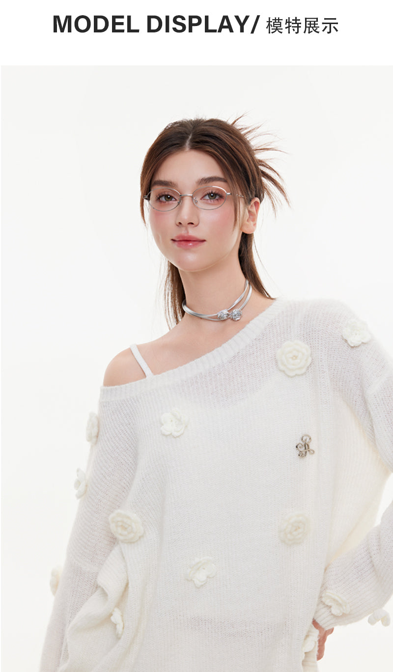 IKYOU women's spring and autumn new flower mohair sweater long sleeve loose fit off-shoulder sweater