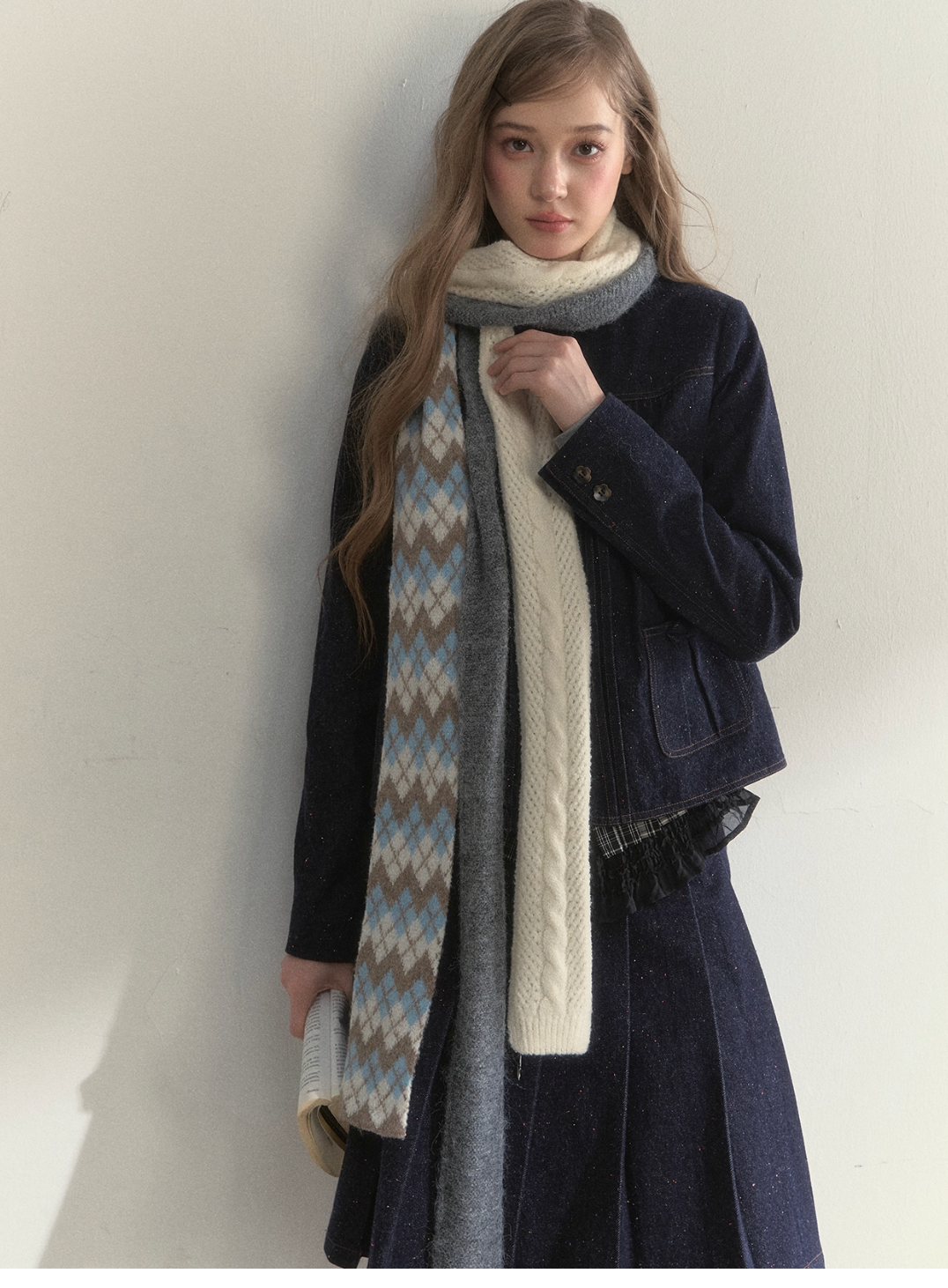 SUNSETPARK trendy retro knitted long scarf with autumn/winter ribbons.