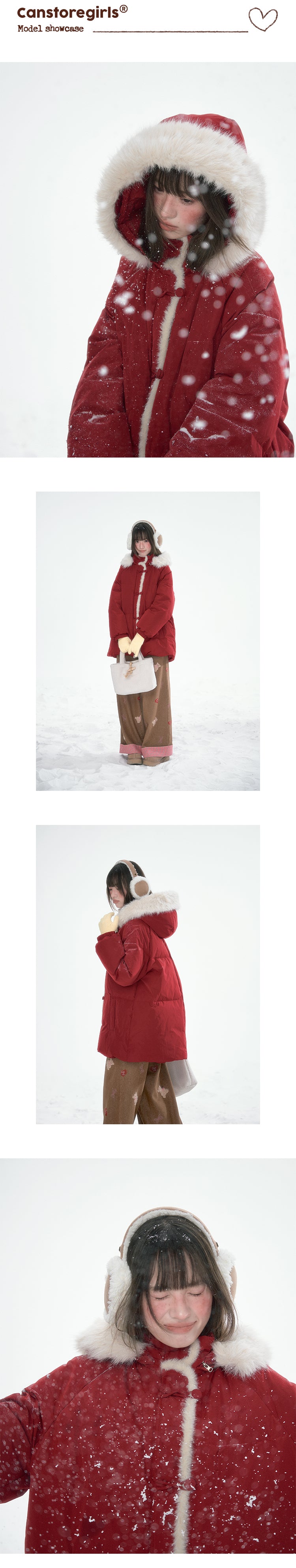 CANSTOREGIRLS New Winter Box Shop Christmas Women's Red Fur Collar Hooded Warm Coat 90% White Duck Down Coat