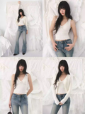 WEEKENDHUB Korean-style bow tie V-neck polka dot tank top for women, stretchy, figure-hugging sleeveless top, suitable for layering in spring.