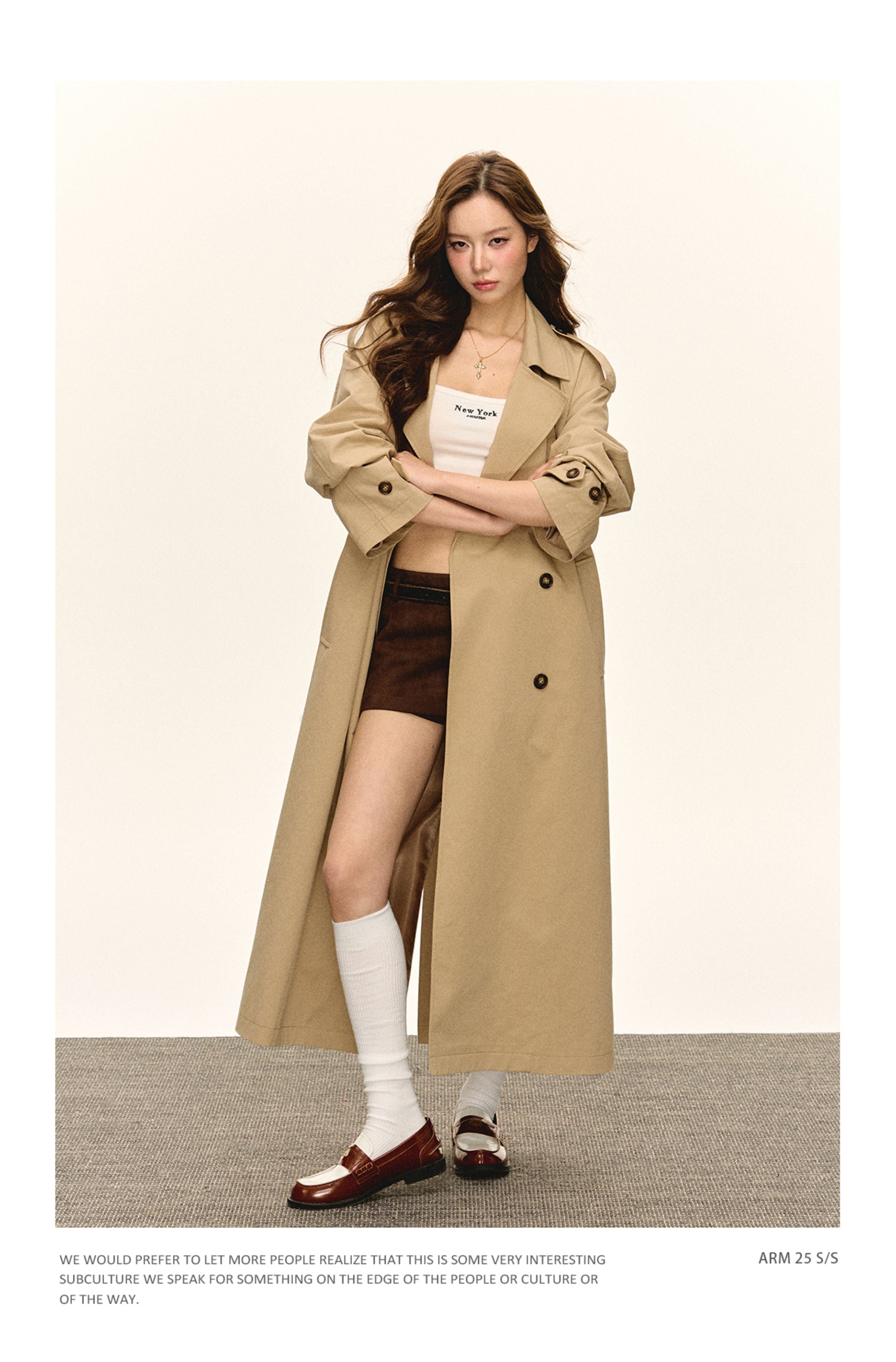 Ariseism autumn women's classic double-breasted khaki-colored double-breasted medium-length windbreaker jacket