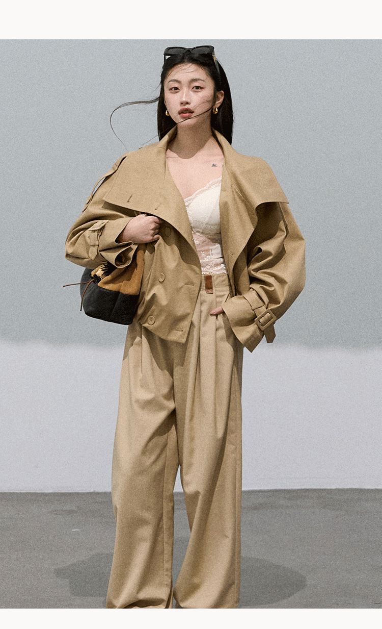 Oakmoo "Through the Oak Woods" Short Double-Breasted Lyocell Cotton Stand Collar Trench Coat