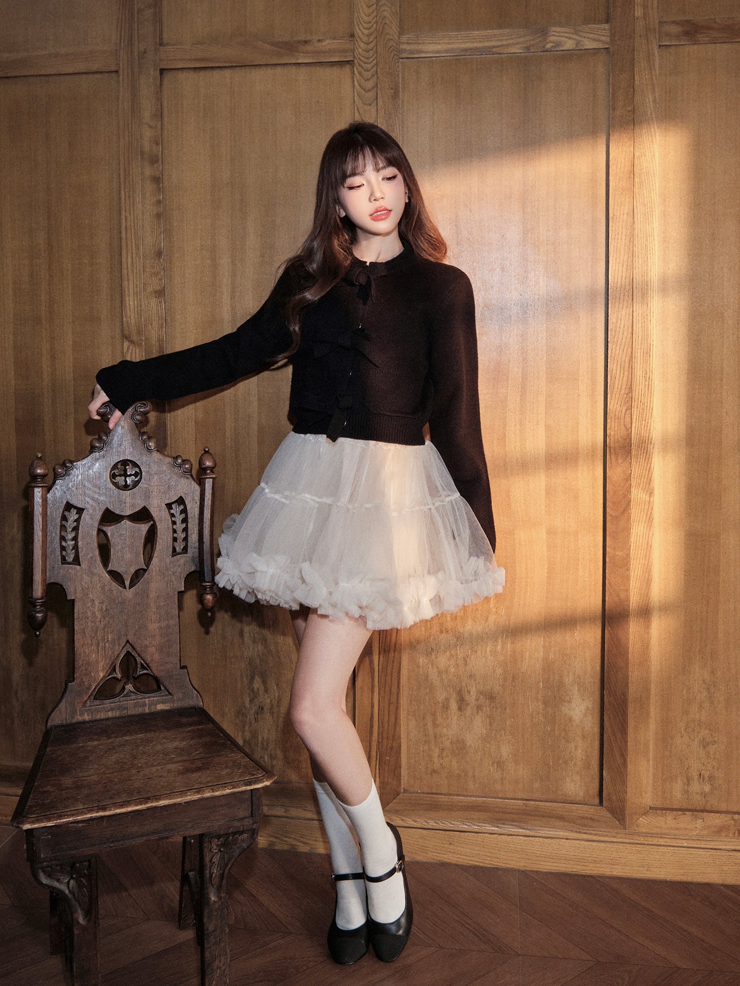 A-line dress, half dress, ruffled tulle mesh dress, fall winter AVENEMENT