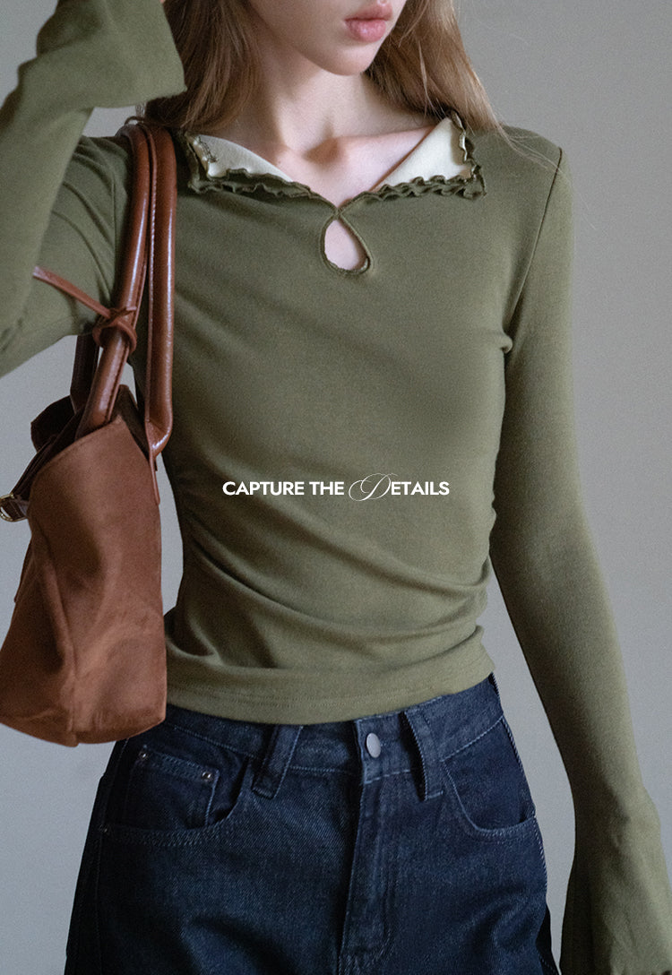 EGGKA Women's long-sleeved V-neck T-shirt with colored trim, new autumn design, slim fit, elegant waistline (sale)