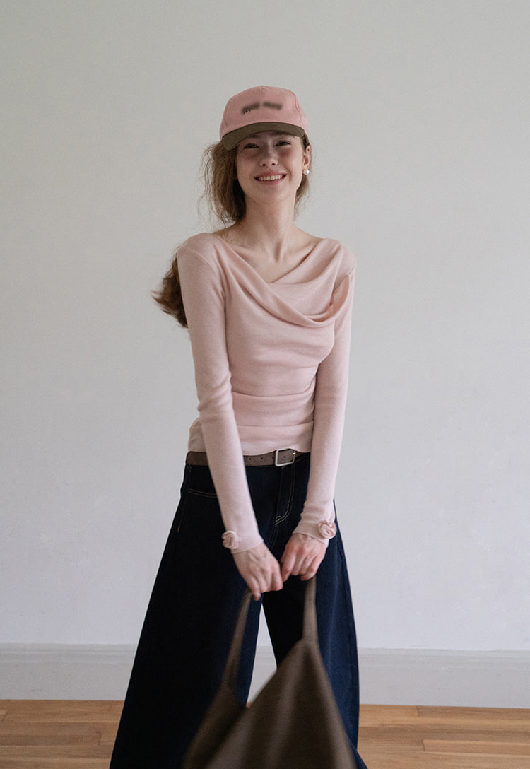 EGGKA Women's Pink French Style Off-the-Shoulder Long Sleeve Sweater, perfect for fall, makes you slim and elegant.