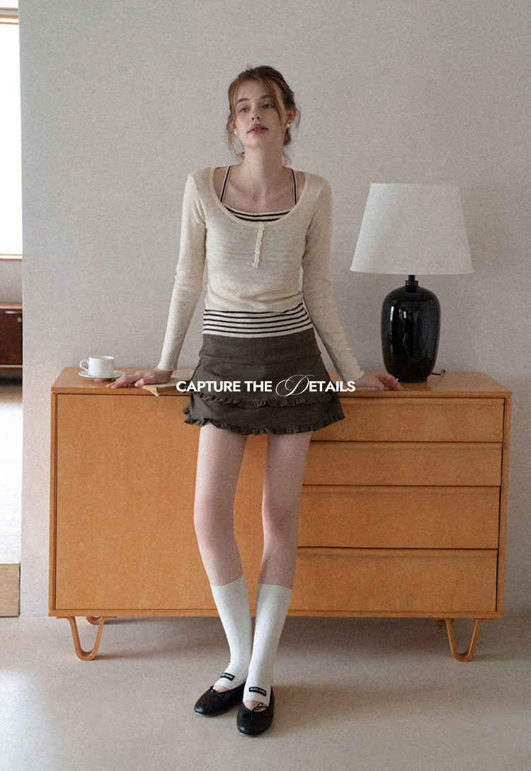 French style two-layer ruffled A-line dress for early autumn, high waist, body-hugging, anti-revealing EGGKA