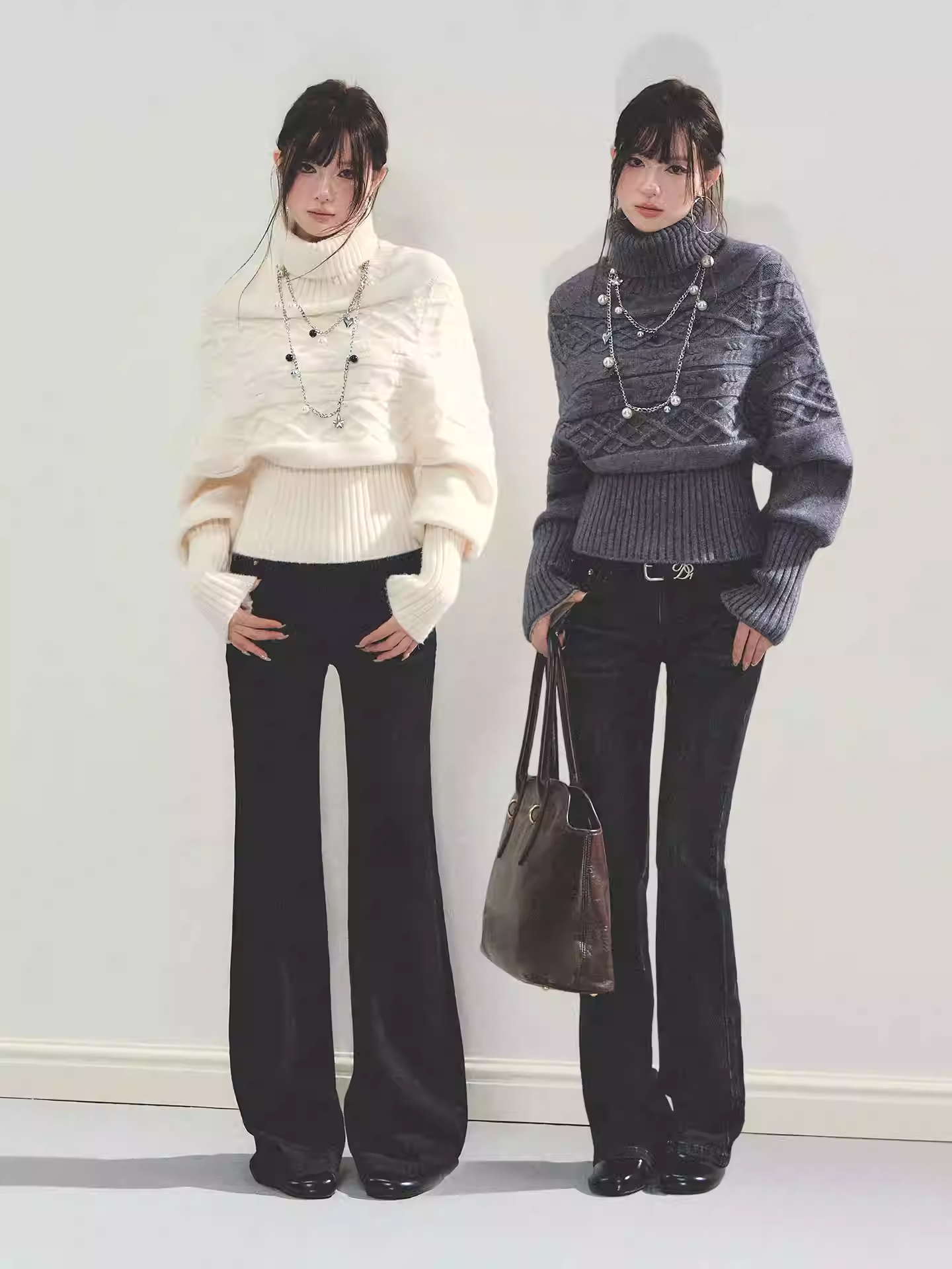 ANDYET AD1 Women's knitted batwing sleeve sweater, high neck, slim waist, loose and flattering fit.