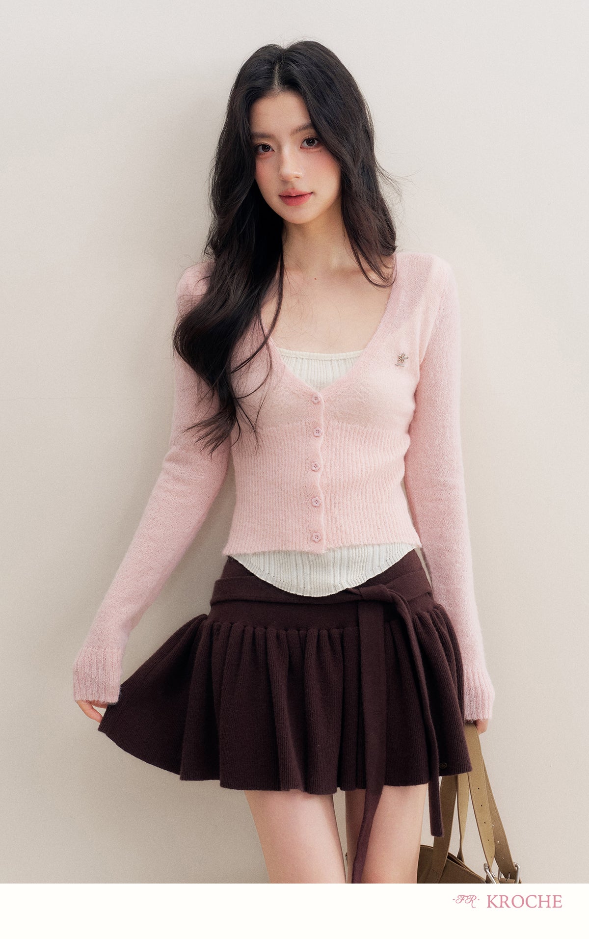 Kroche Romantic French Wool Blend V-Neck Two-Piece Knit Cardigan Contrast Color 25AW