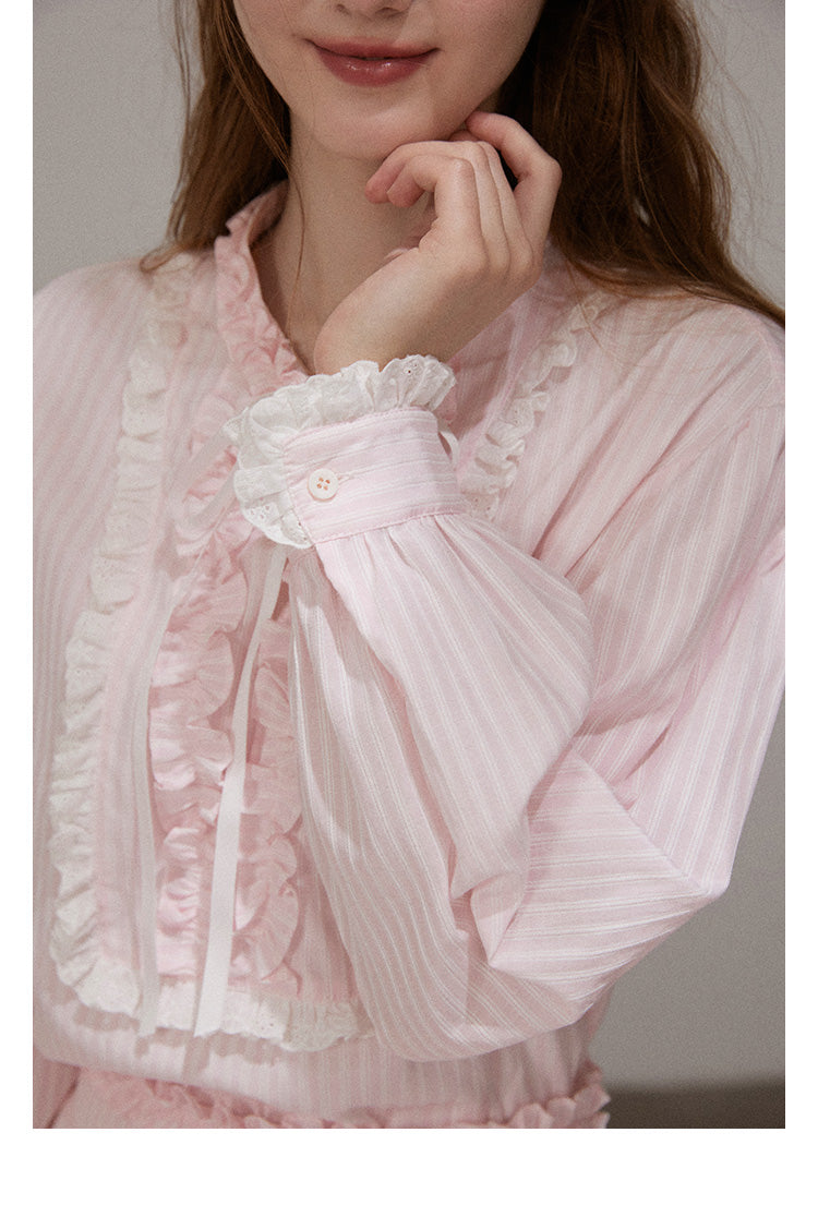 Set "Mist Color Dreamweaver" Women's French ruffled long sleeve shirt and designer mini skirt