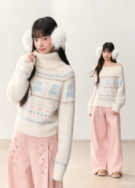 UMOUMO Sweet Mushroom Mink Fur Bear Two-way Off-the-shoulder Pullover