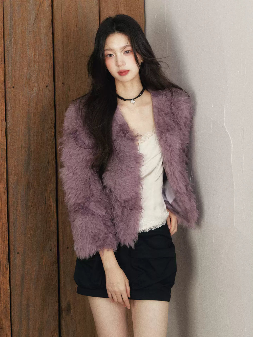 1PSTUDIO Women's Purple V-neck Faux Fur Coat, Warm Eco-Friendly Winter Short Fur Coat