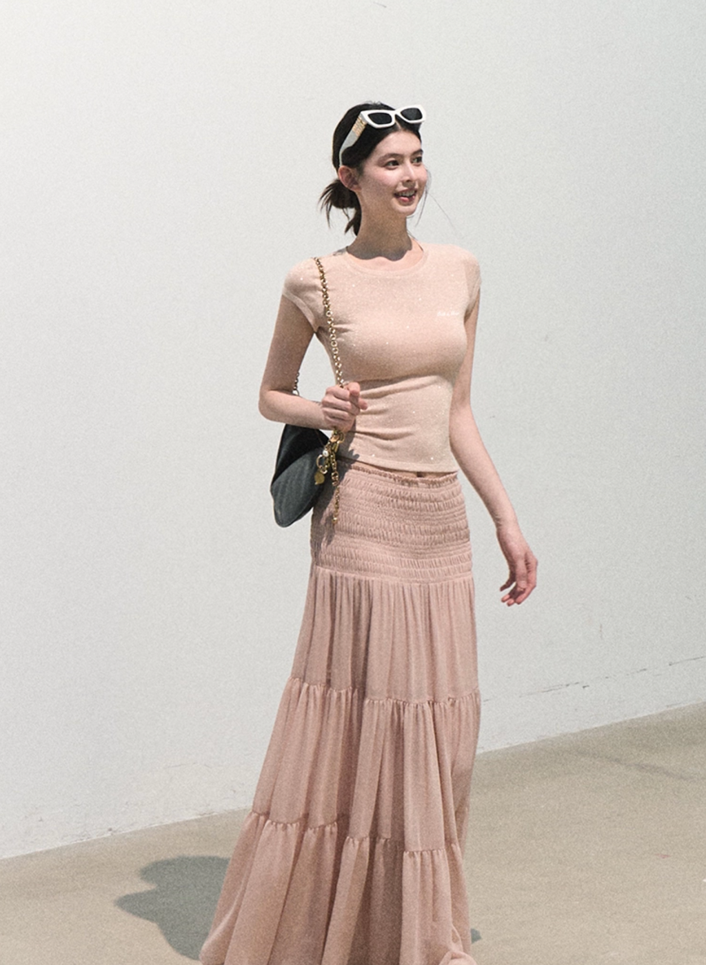 OAKMOO "Her Skirt" - Thick pleated A-line dress, pink chiffon summer midi dress.