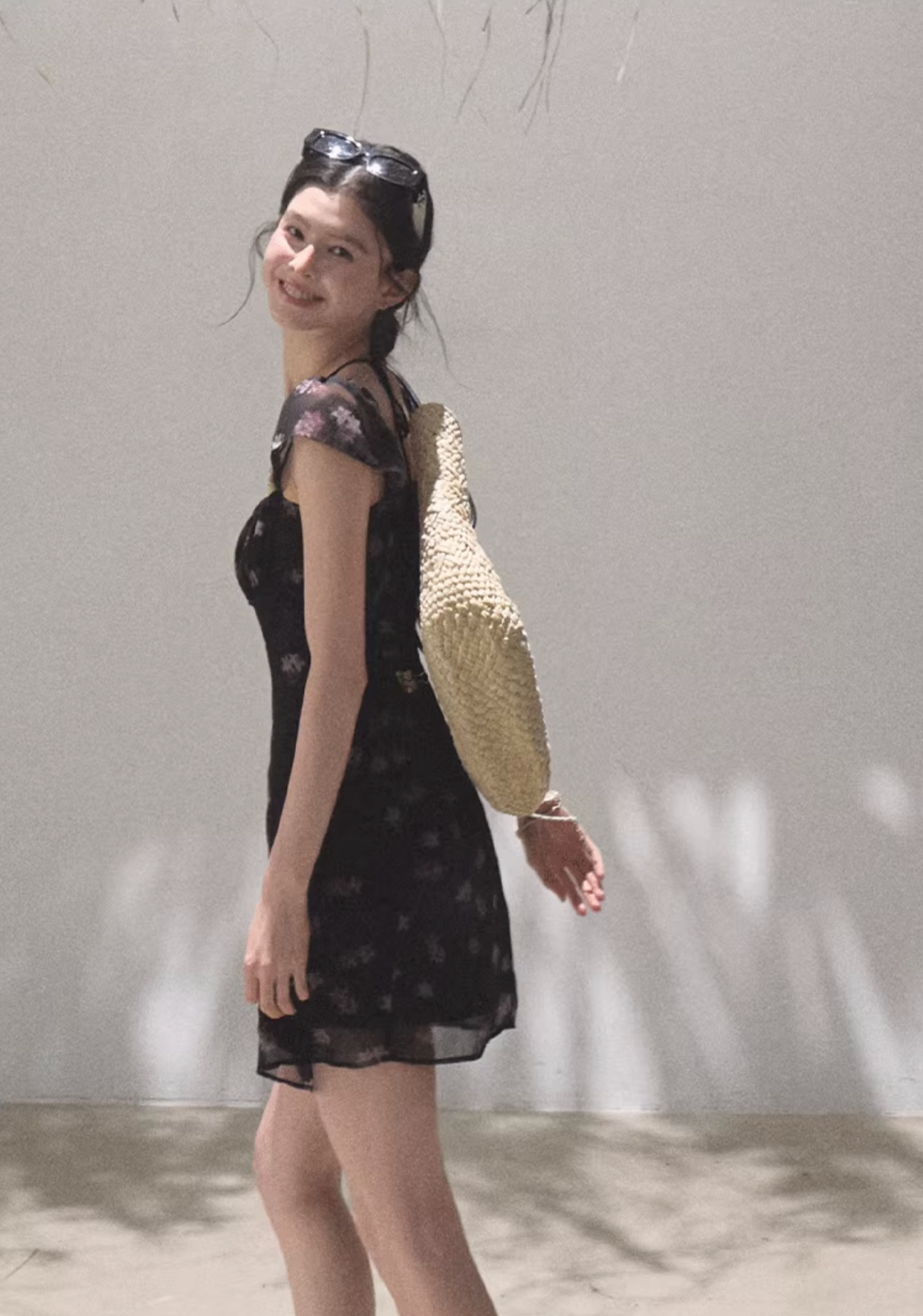 OAKMOO beaded halter-neck dress, fitted waist, unique floral print "My Own Moon"