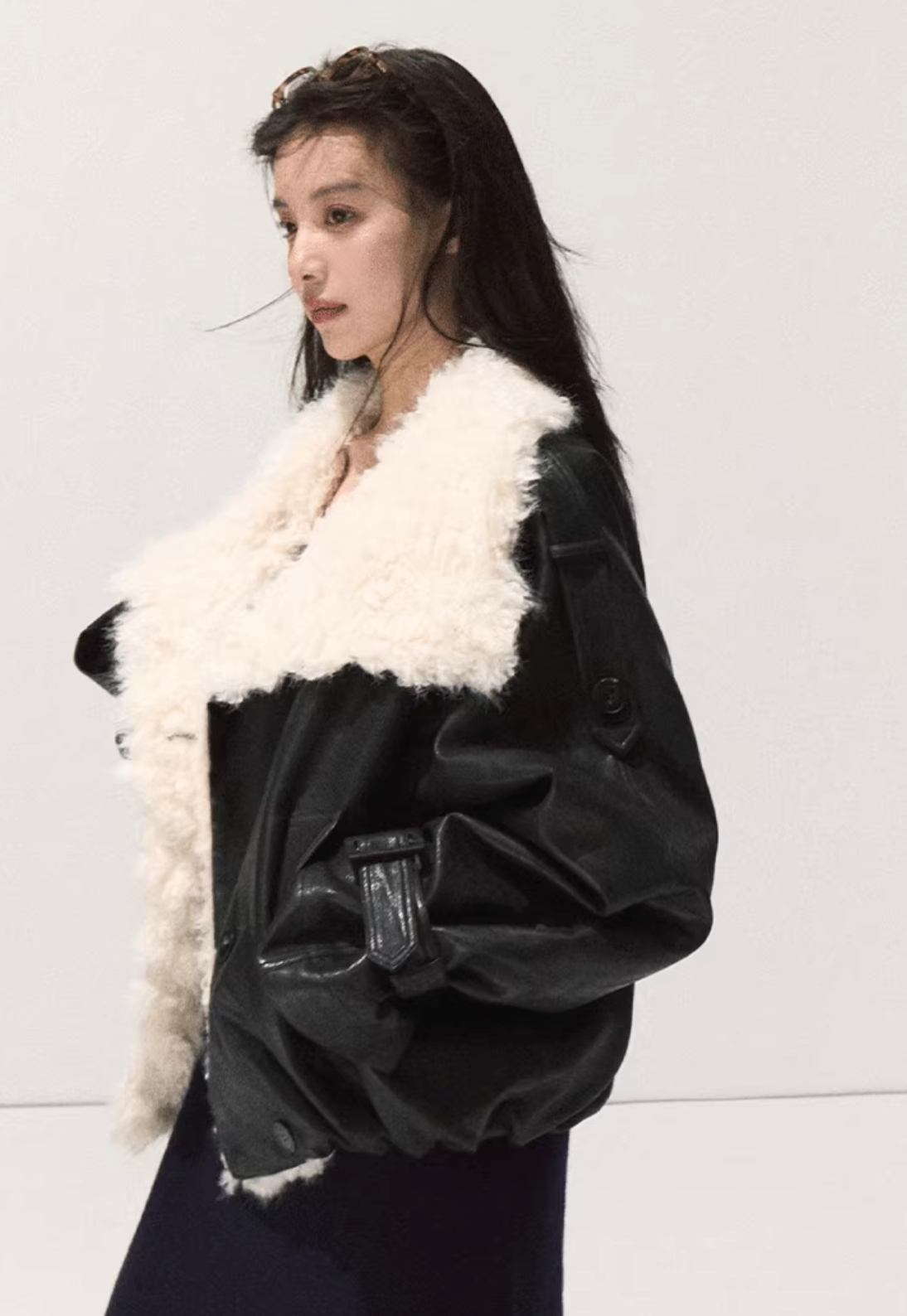 OAKMOO OAKMOO Short Fleece Leather Jacket / "A Night Under the Osmanthus Tree" for Women, Thick Lapel Collar Parka for Winter
