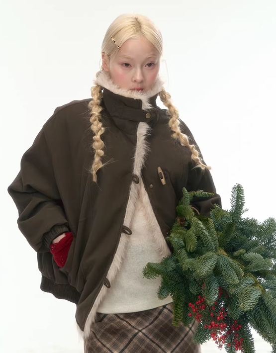 CANSTOREGIRLS Canned Goods 'Caramel Taro Milk Puff' stand-collar winter coat with horn buttons, made of cotton and PU leather, short style.