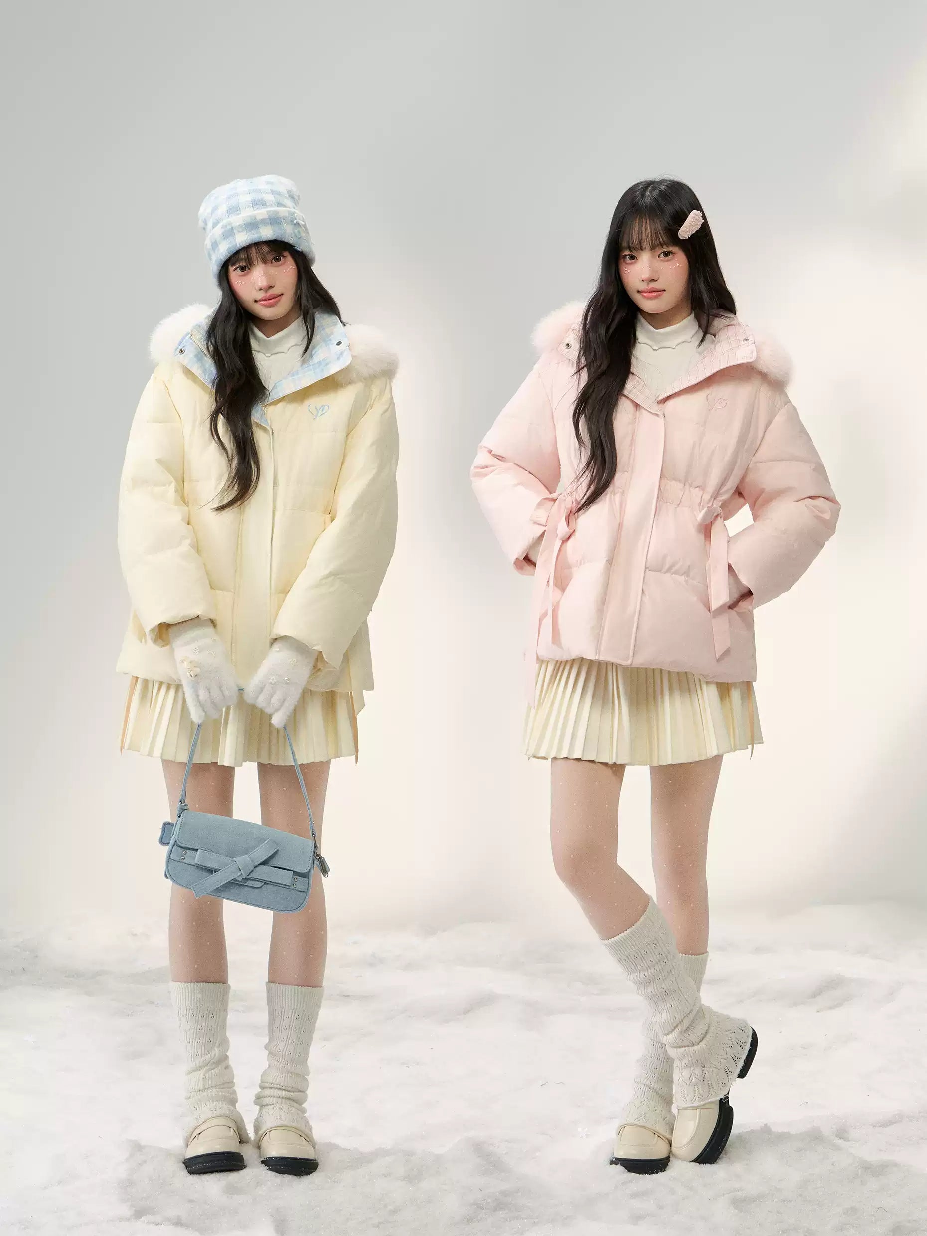 UMOUMO [90% White Duck Down] Mushroom Sweet Waist Slimming Two-Way Placowork Patchwork Down Jacket with Hood and Detachable Fur Collar