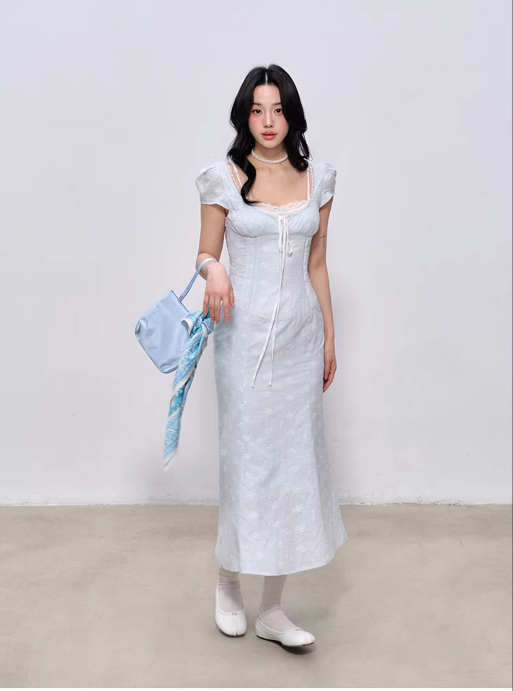 LaluneDuCiel Pure cotton long/short dress with square neck, slim waist, lace for women, suitable for spring