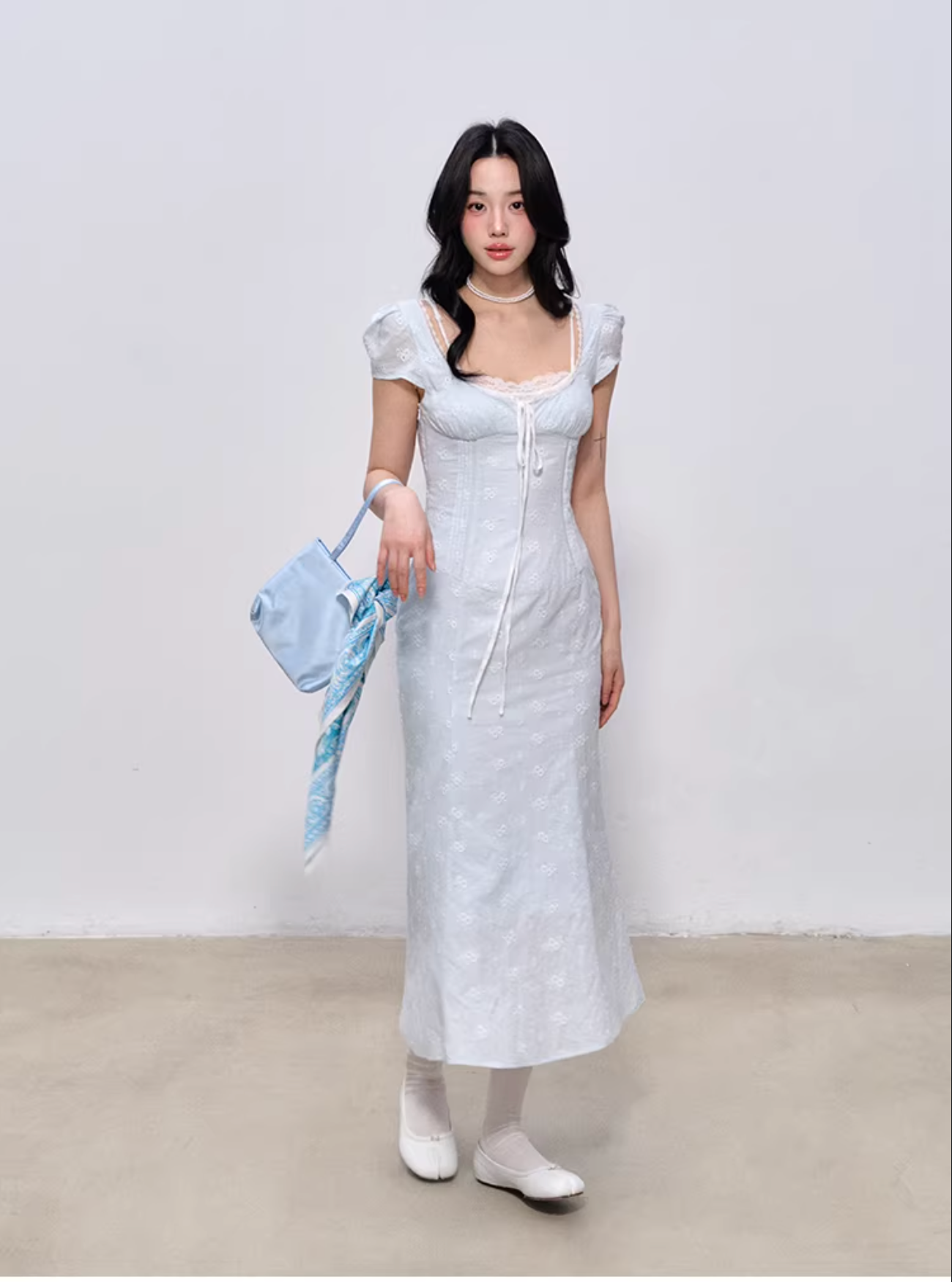LaluneDuCiel Pure cotton long/short dress with square neck, slim waist, lace for women, suitable for spring