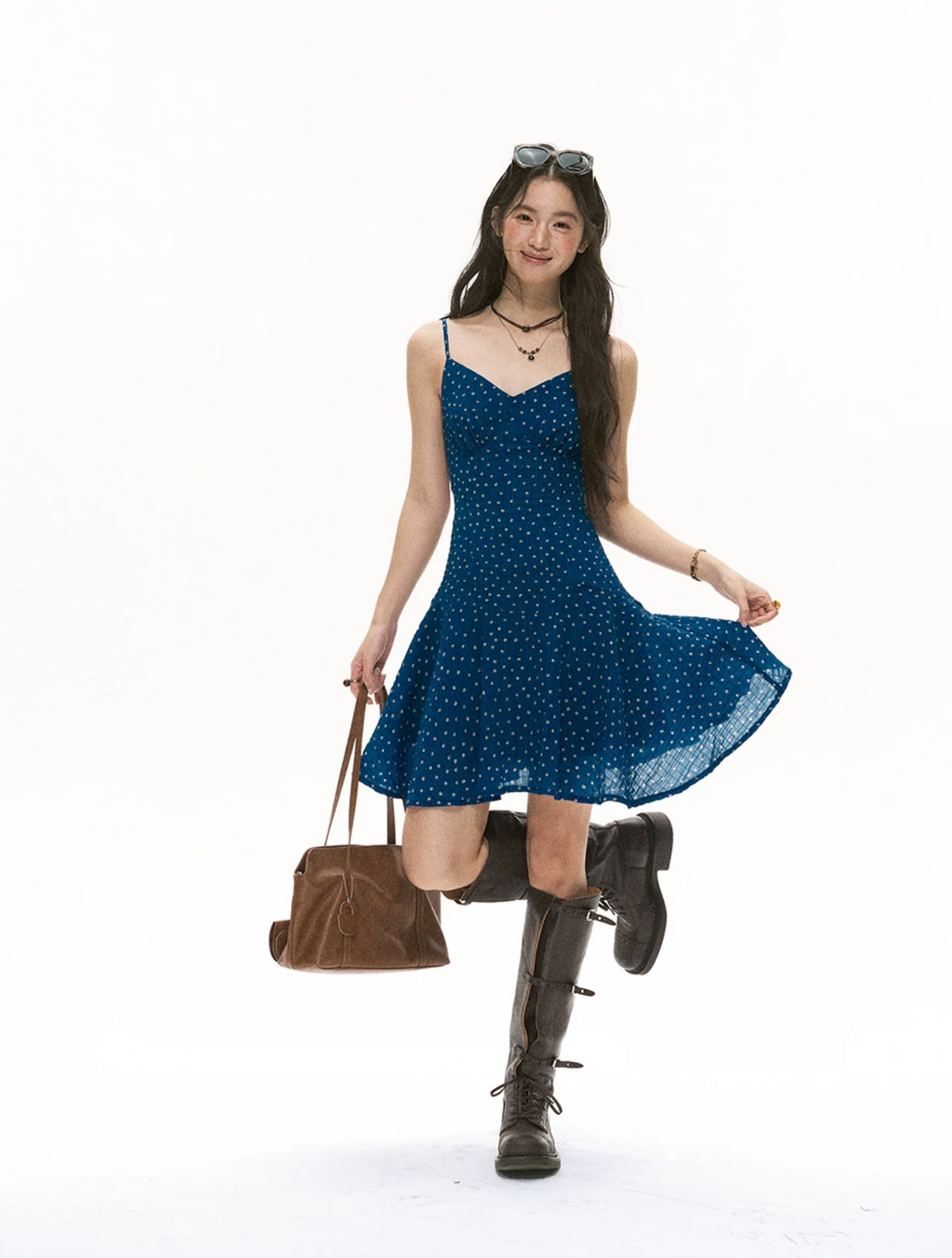 SOOLROK Blue floral print A-line summer dress by Song Weiyun - An elegant summer dress