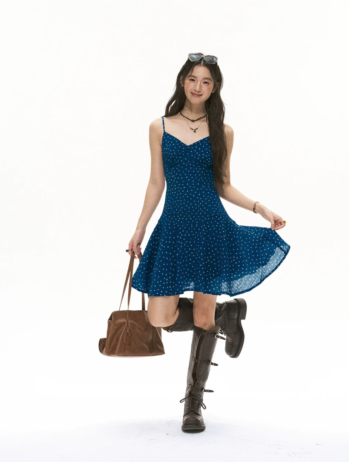 SOOLROK Blue floral print A-line summer dress by Song Weiyun - An elegant summer dress
