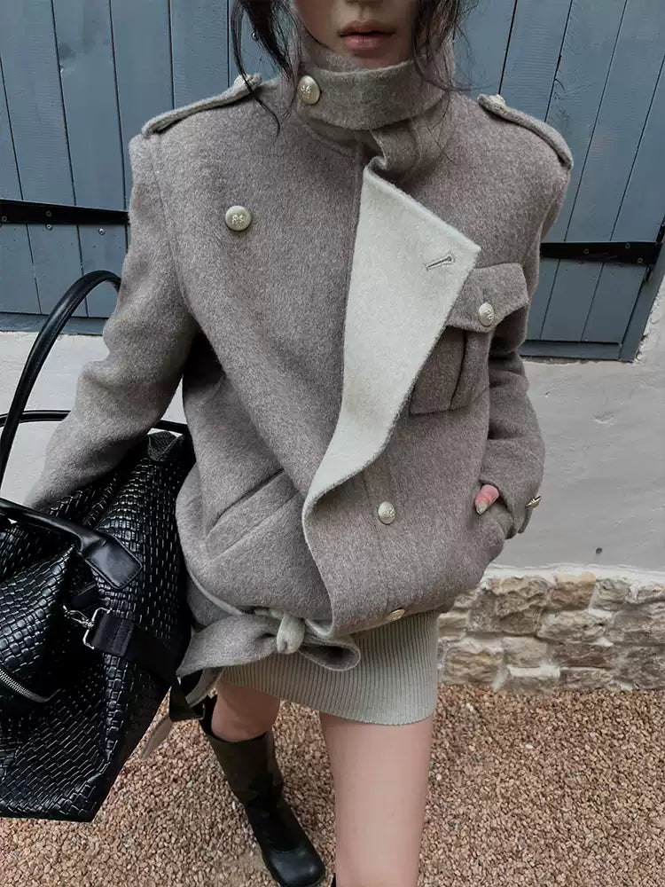 Hytemoly wool blend double-sided contrast wool coat classic loose fit, loose and airy short woolen tweed coat