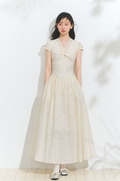 ANNATTO A-line dress, slim waist, V-neck, lace trim, inspired by Jasmine Moss