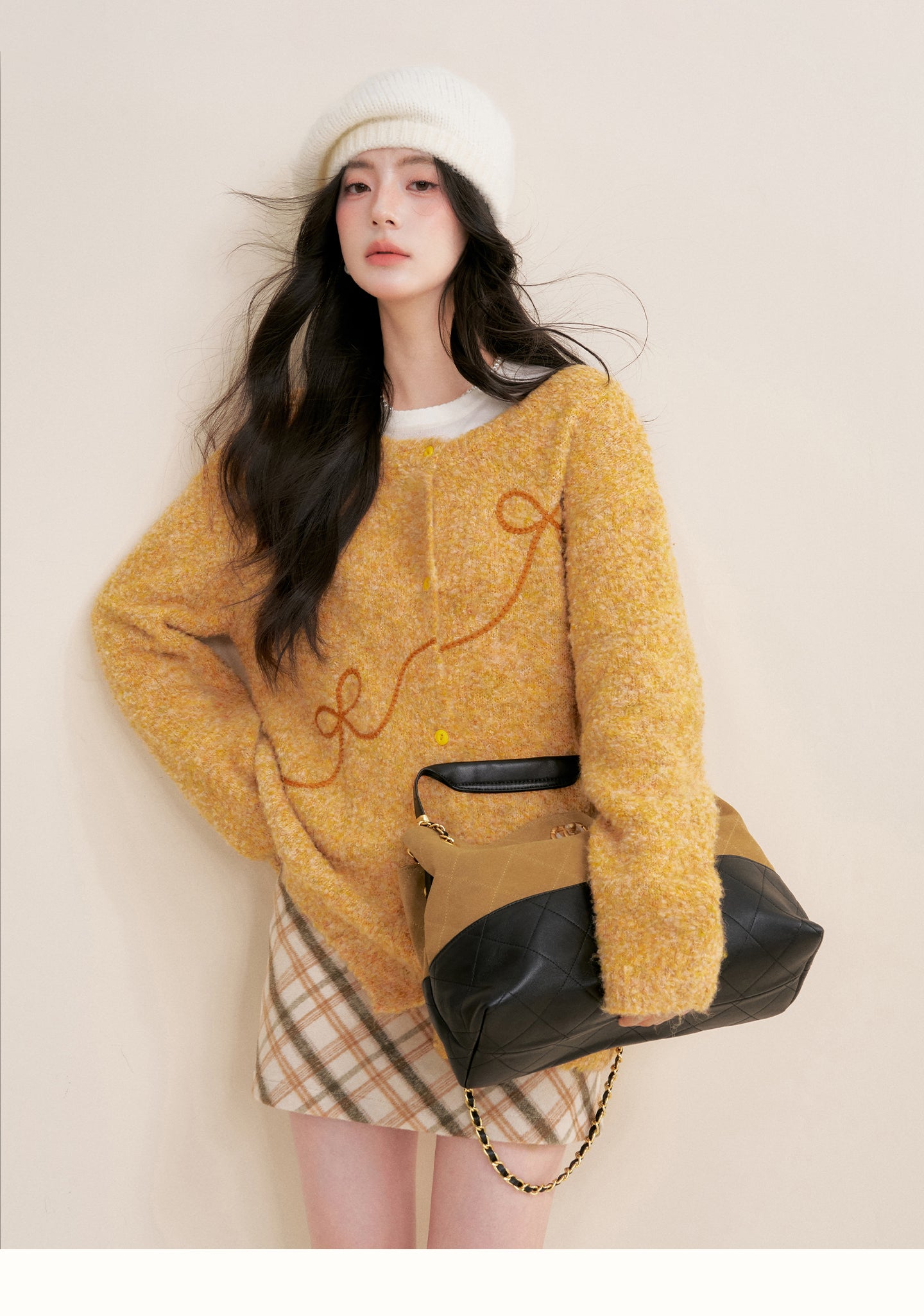 KROCHE Sunset Fluffy 25aw Thick Floral Bow Embroidered Cardigan