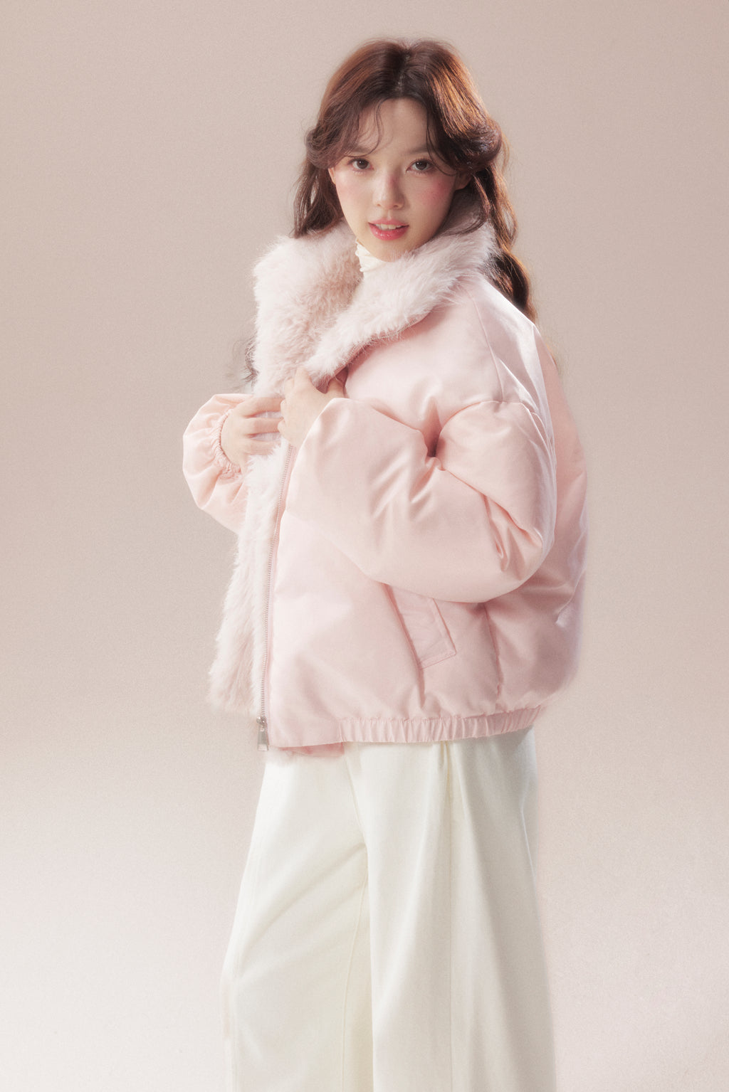 AOORAA 【Winter New Arrival】Original Design Patchwork Fleece Jacket "Cherry Blossom Snow"