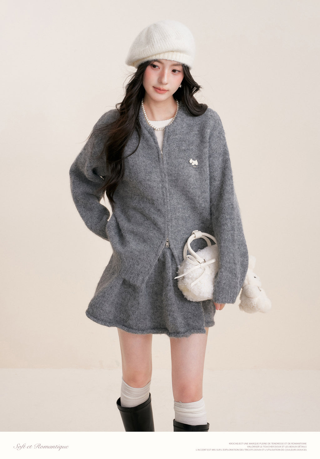 KROCHE Winter Warm A-line Cardigan Sweater Set Gray Double Zipper for Puppy 25aw