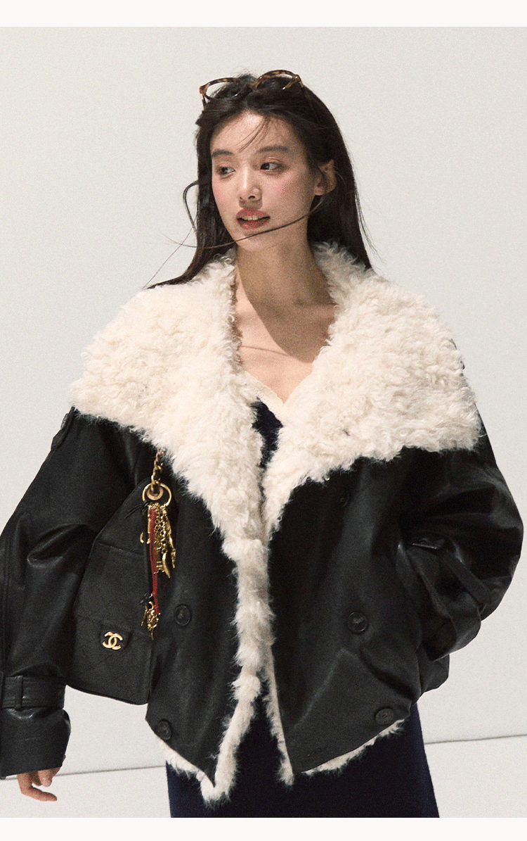 OAKMOO "One Night Osmanthus Tree" Women's Soft Fleece Short Leather Jacket Thick Lapel Winter