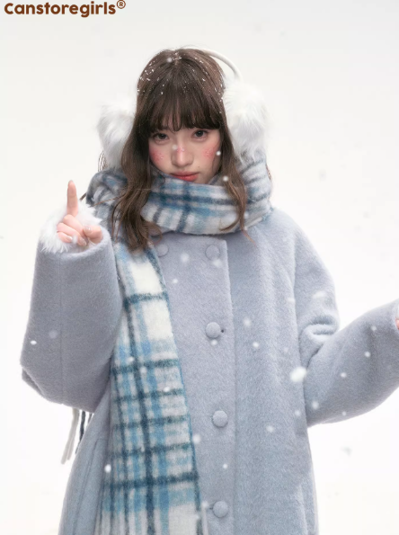 CANSTOREGIRLS Winter Blue Double Lapel Long Quilted Wool Overcoat