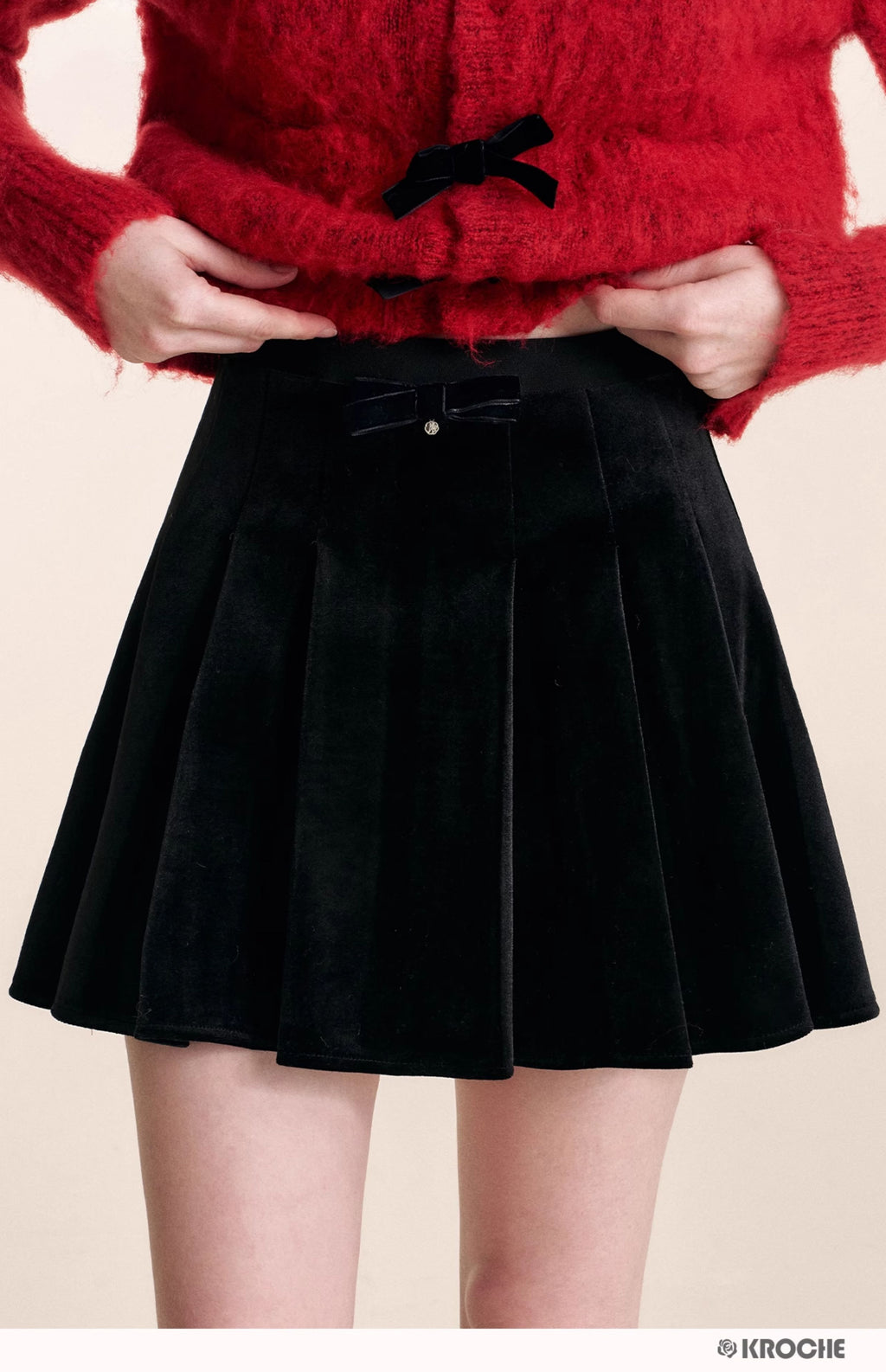 KROCHE Velvet A-line pleated midi skirt with gentle bow for night