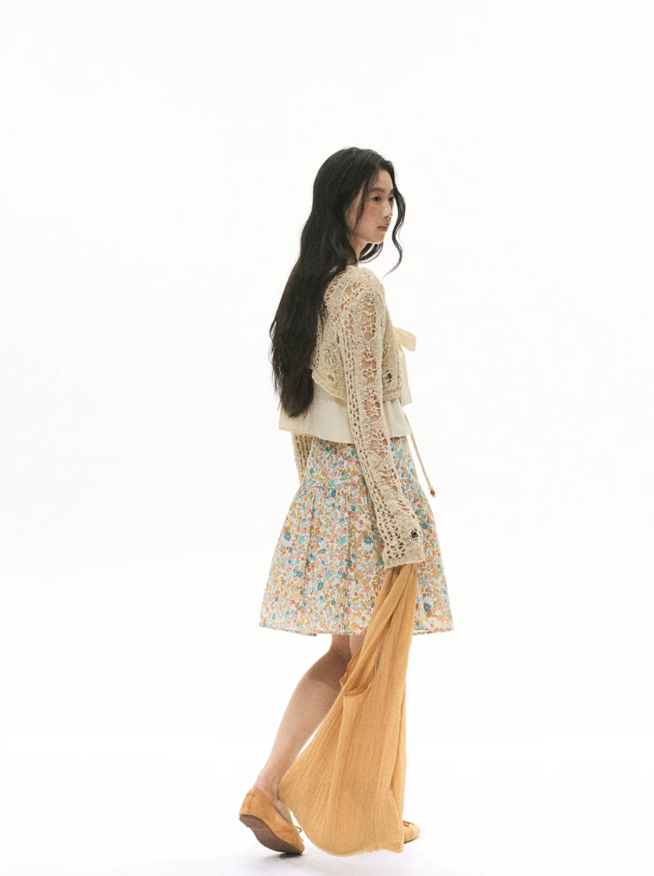 Soolrok Songweiyun midi skirt in one or two colors, elegant, versatile, floral/brown pattern, flattering