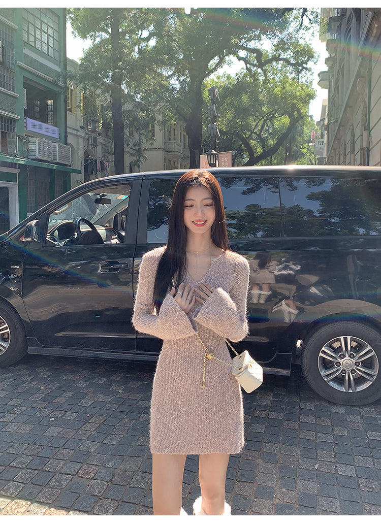 MULVAN MULVAN Women's Sexy V-Neck Sweater Dress, Fall/Winter, Slim Fit, Waistband, Bodycon Mini Skirt