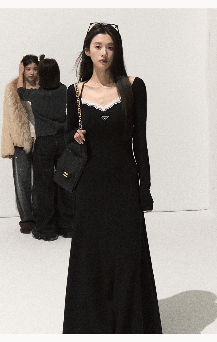 OAKMOO Black Two-piece Long Sleeve Faux Lace Halter Neck Waist Tie Dress, Autumn/Winter Long Dress with Waist Tie