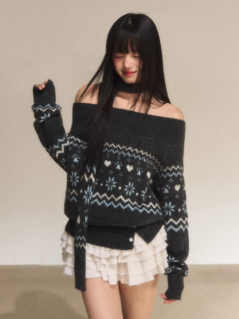 WEEKENDHUB WeekendHub women's sweater, gray with Fair Isle pattern, Korean autumn-winter style, comfortable off-the-shoulder knitted shirt, slimming and concealing.