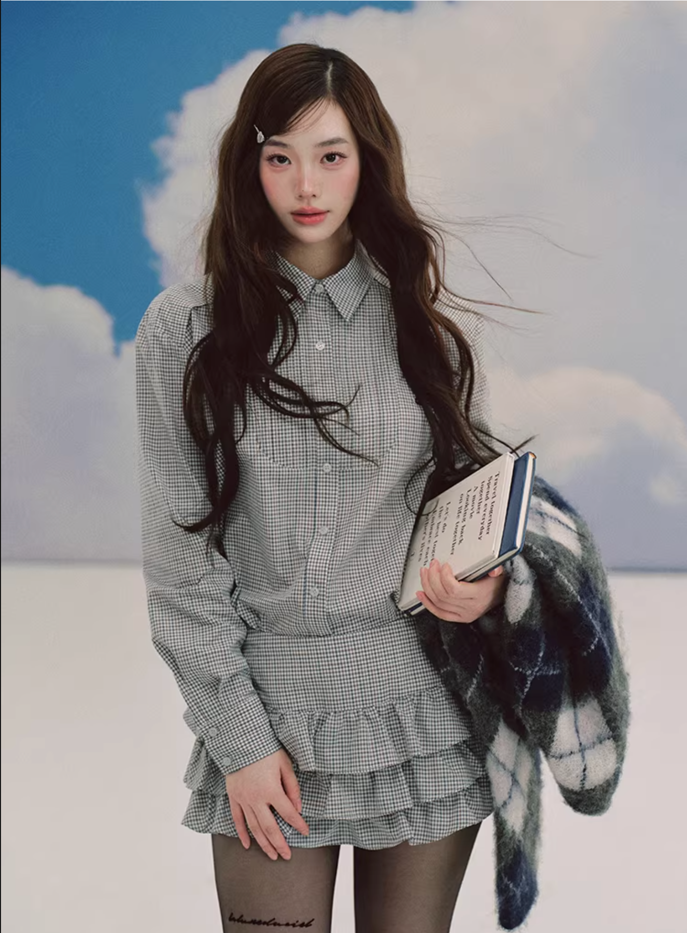 LaluneDuCiel Trendy retro style thick checkered shirt and puffy skirt set for schoolgirls