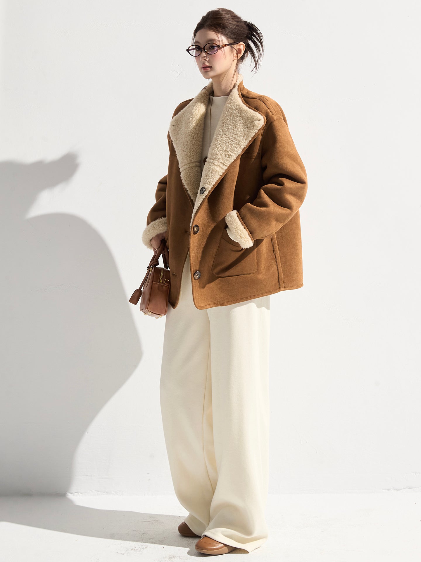 THEROUS Xie Burou レディース 秋冬新作 クラシック ゆったり ターンダウンカラー ファーコート パッチポケット付き