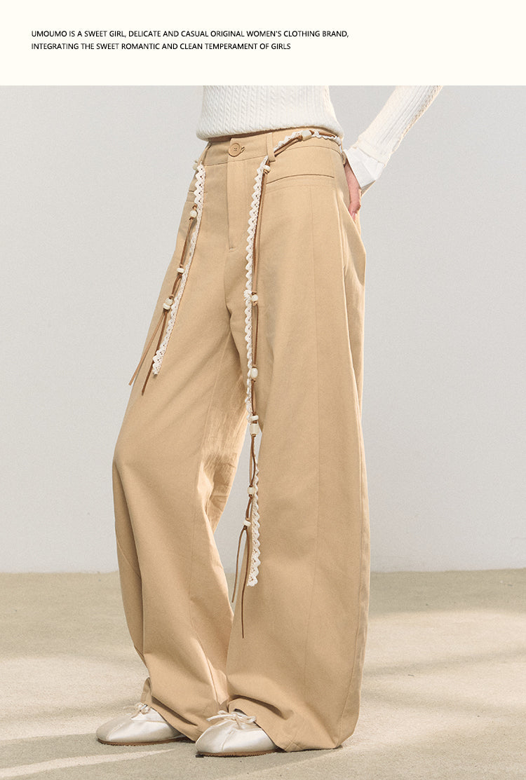 UMOUMO Retro style heart embroidered wide leg pants, cute and cool wide leg casual pants with one strap pocket.