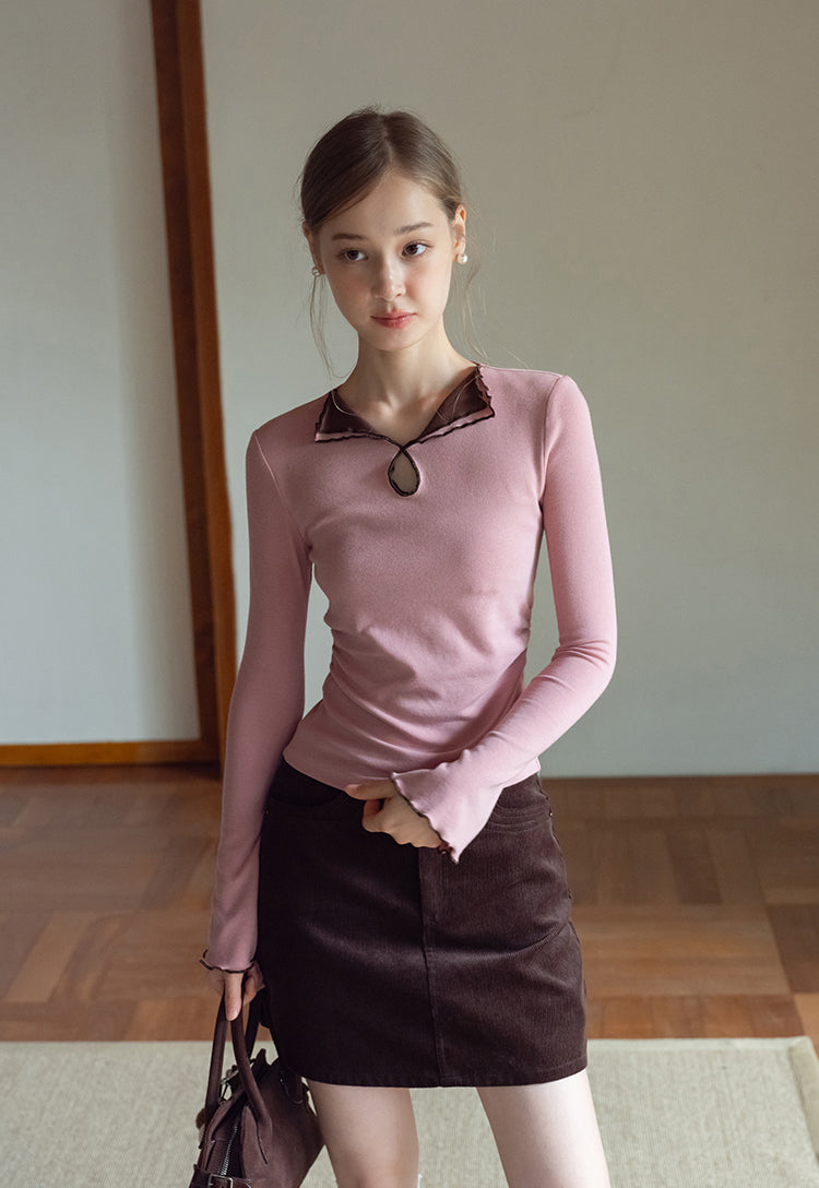 EGGKA Women's long-sleeved V-neck T-shirt with colored trim, new autumn design, slim fit, elegant waistline (sale)