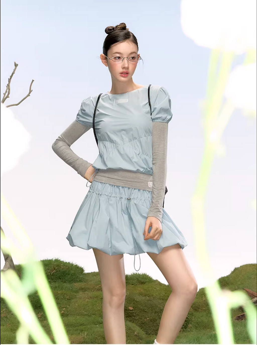 LaluneDuCiel Elegant and youthful puff-sleeved short-sleeved T-shirt for women, solid color, suitable for summer wear.