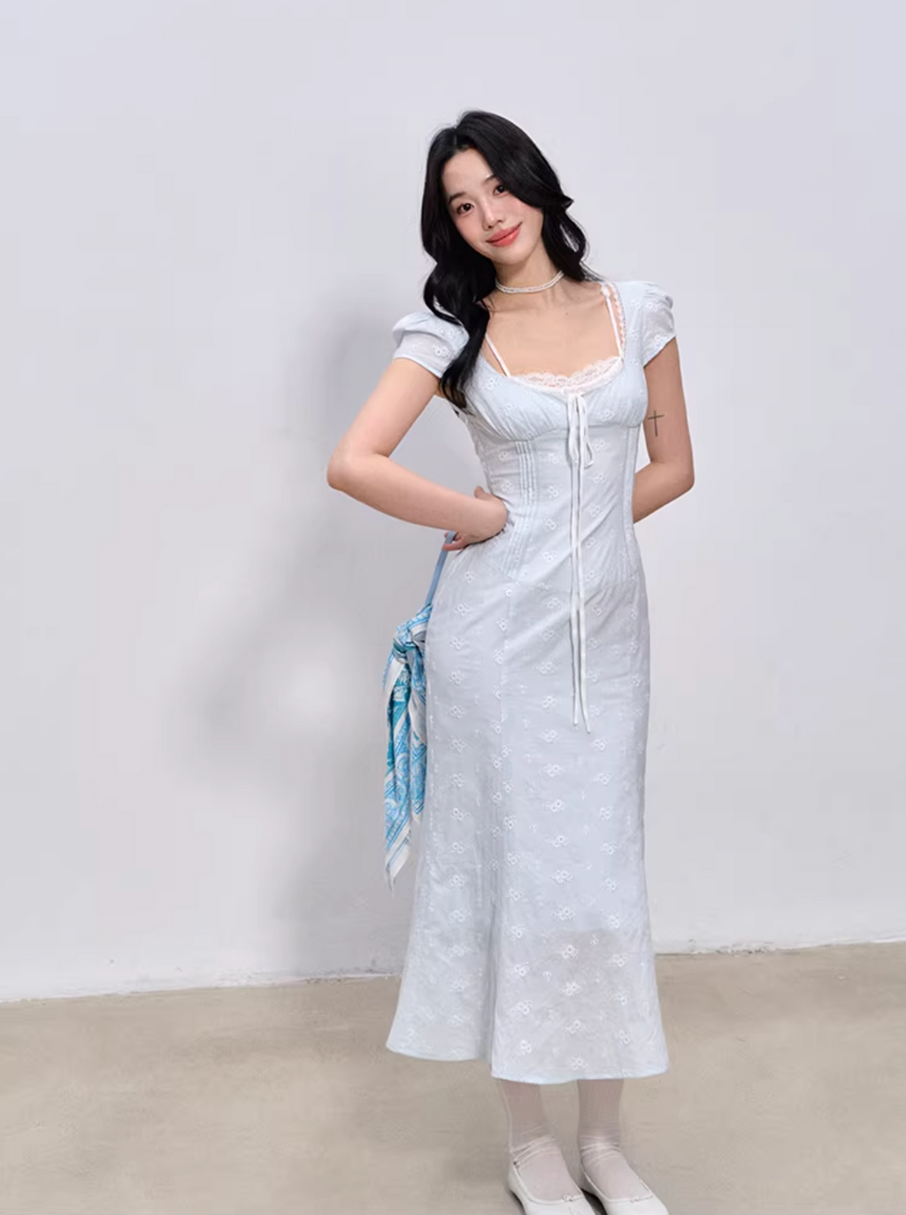 LaluneDuCiel Pure cotton long/short dress with square neck, slim waist, lace for women, suitable for spring