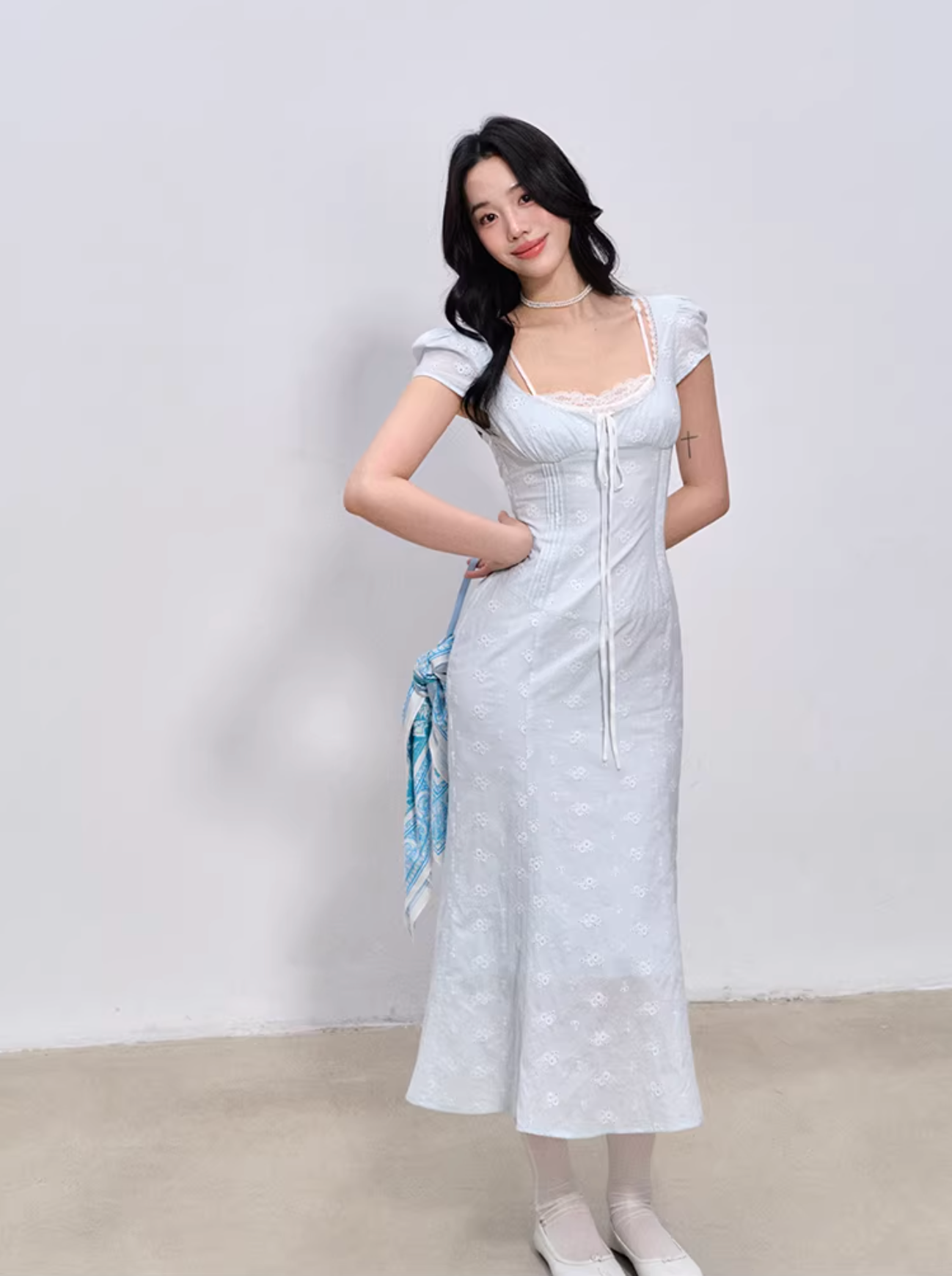 LaluneDuCiel Pure cotton long/short dress with square neck, slim waist, lace for women, suitable for spring
