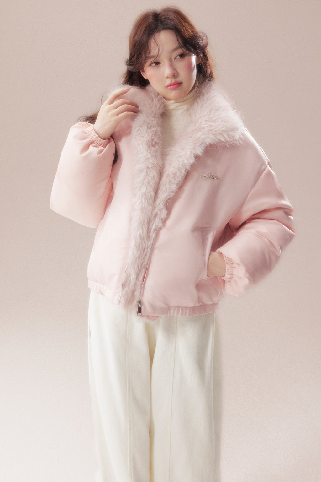 AOORAA 【Winter New Arrival】Original Design Patchwork Fleece Jacket "Cherry Blossom Snow"